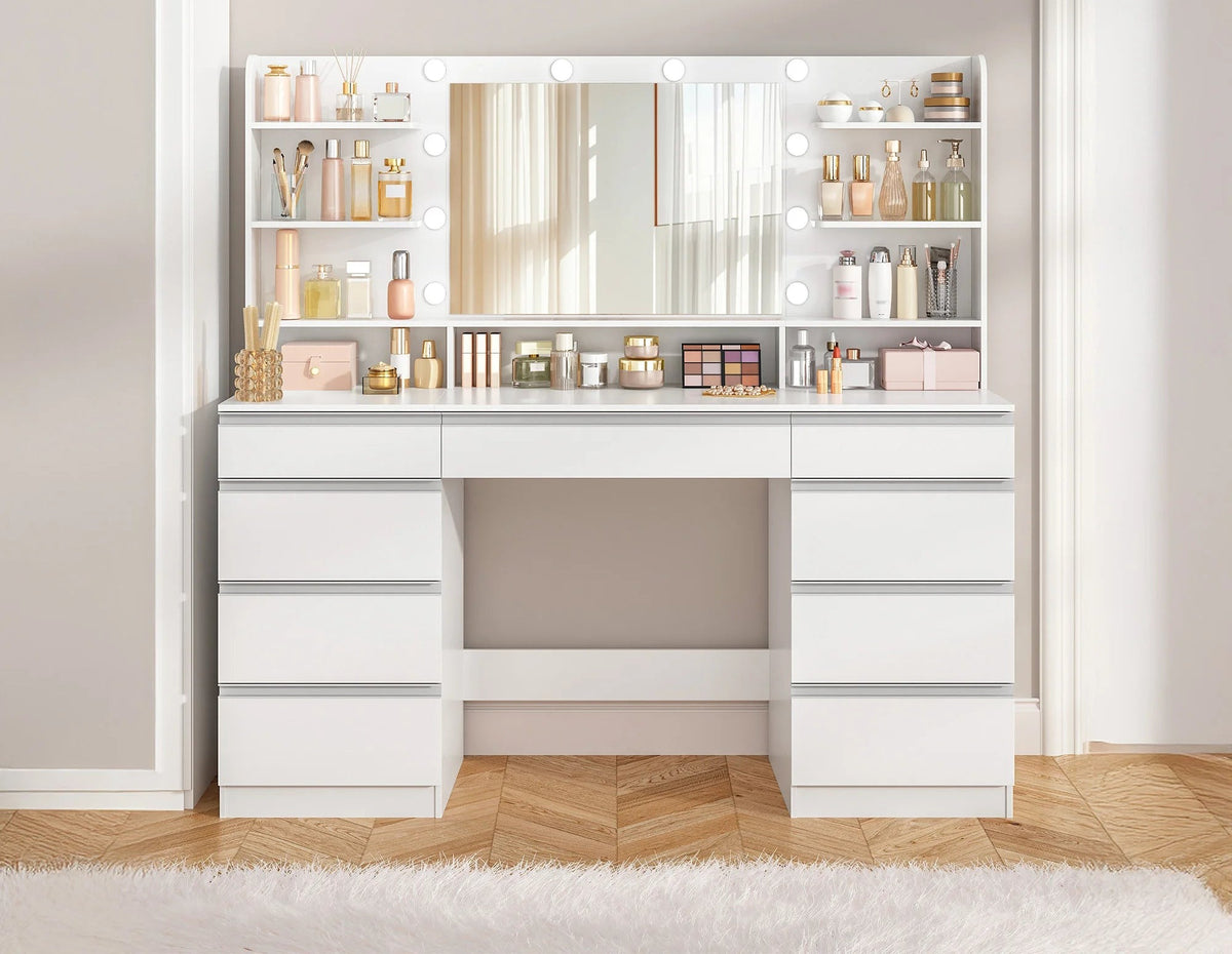 Coiffeuse Olympe — 150 cm, 9 tiroirs et miroir à 10 ampoules – vue 2