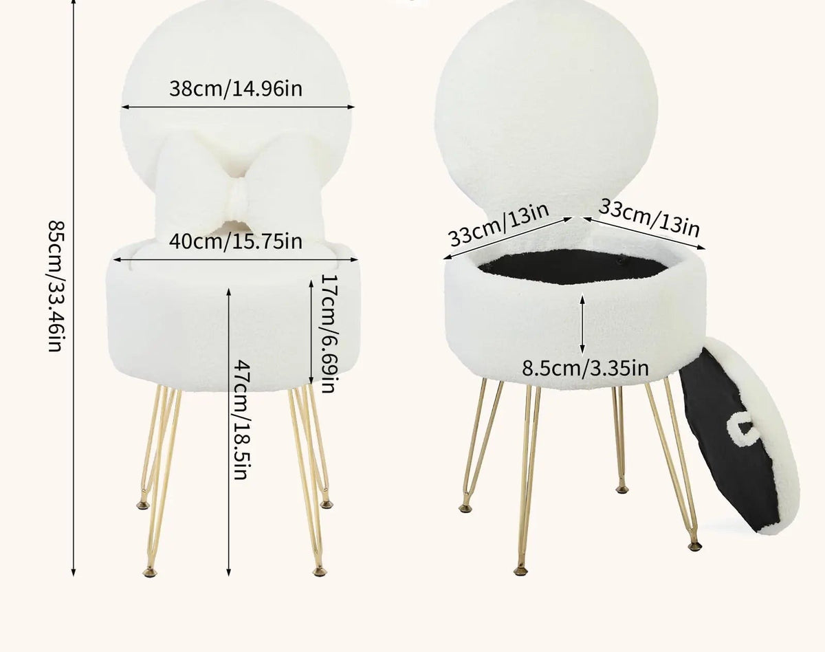 Tabouret Coquette — bouclette blanche, dossier rabattable et coffre – vue 5