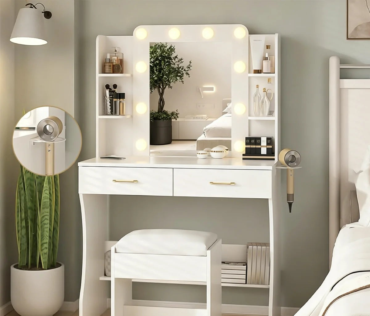 Coiffeuse Capucine — miroir à 10 ampoules, 2 tiroirs et tabouret