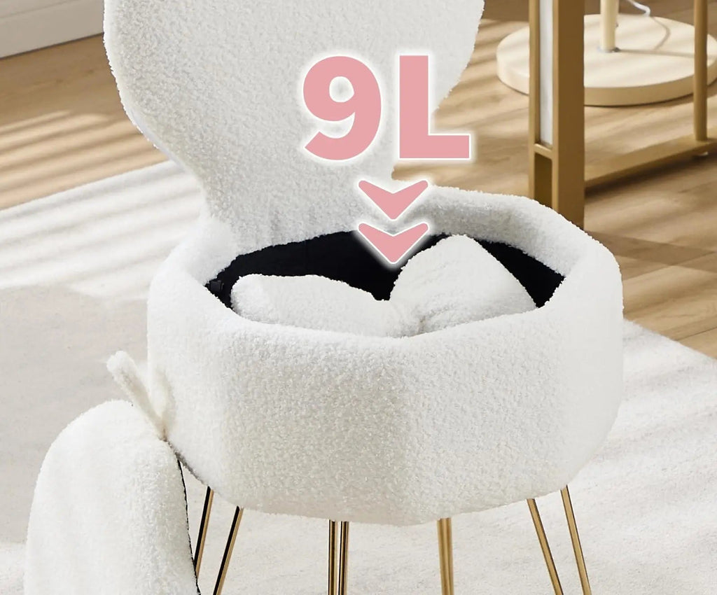 Tabouret Coquette — bouclette blanche, dossier rabattable et coffre – vue 4