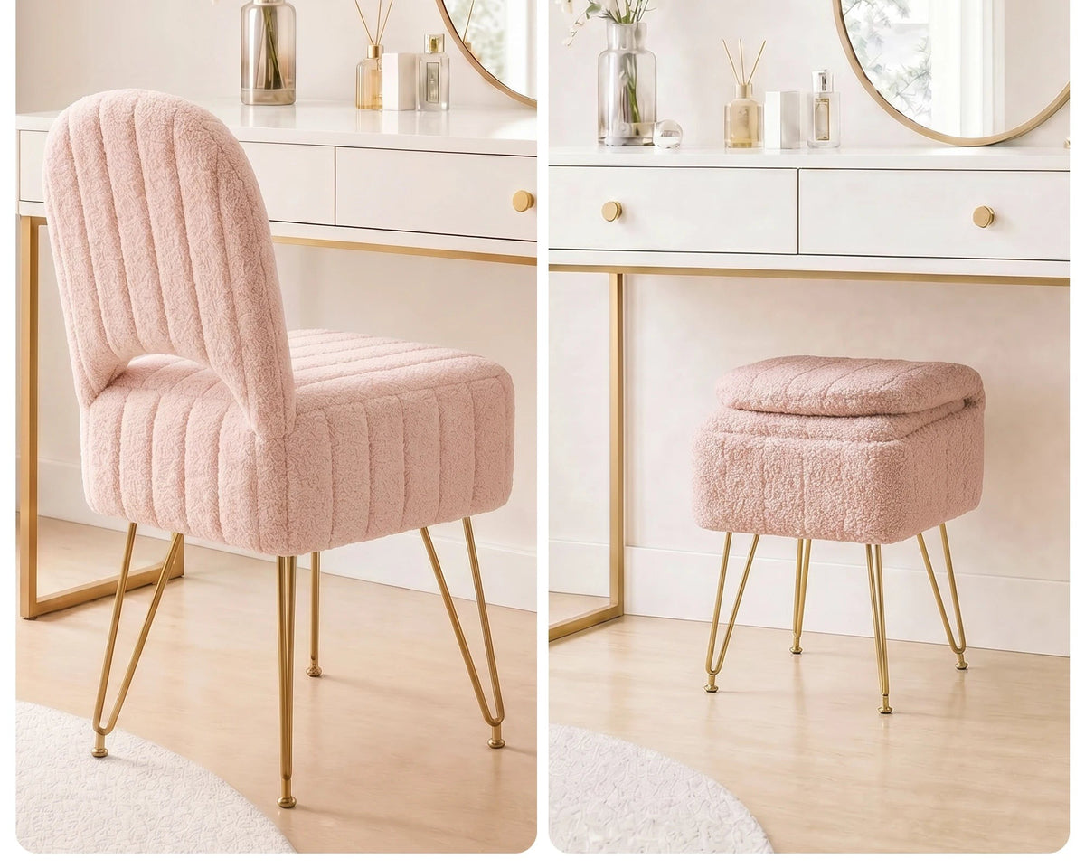 Tabouret Guimauve — peluche rose, dossier rabattable et coffre – vue 5