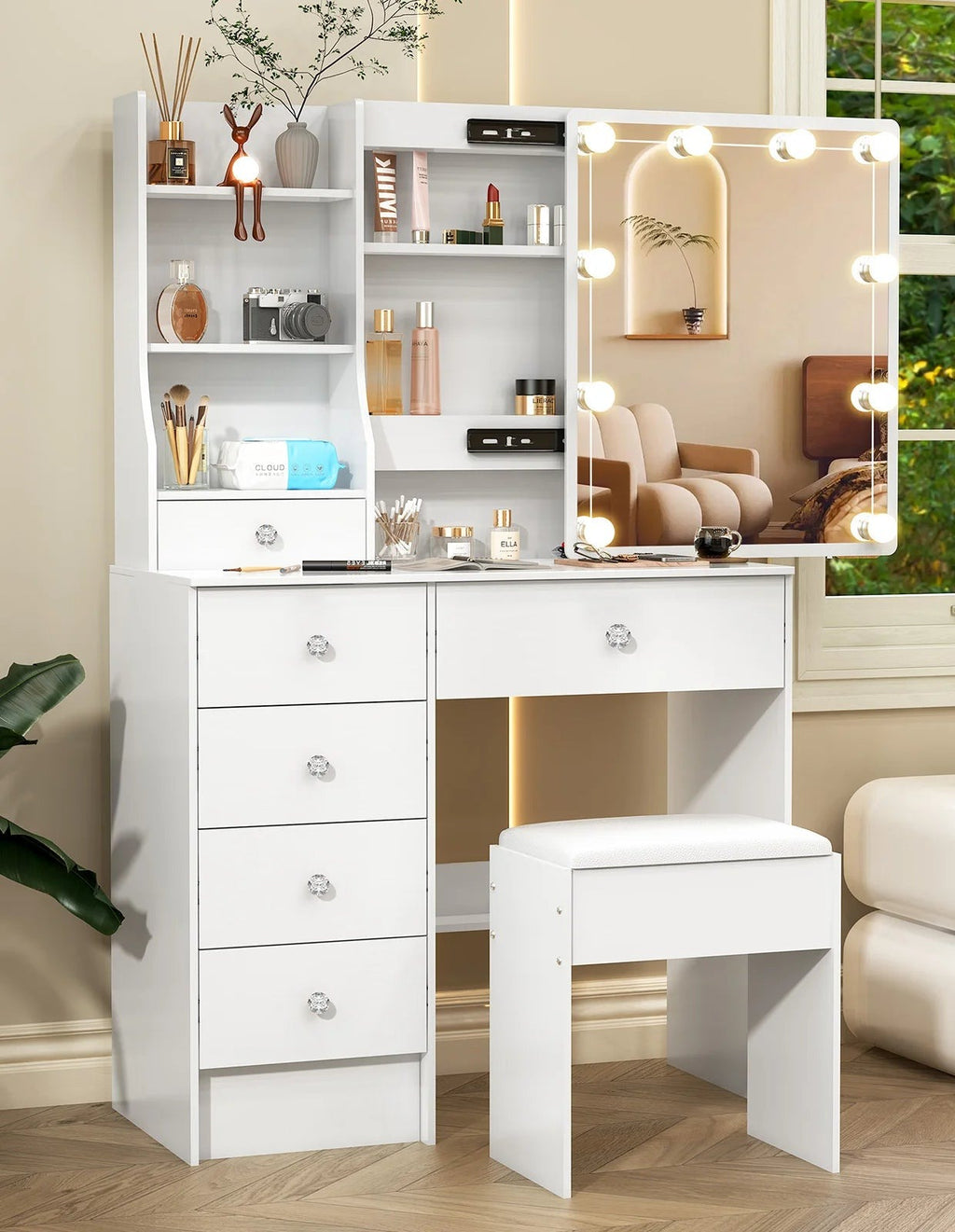 Coiffeuse Victoire — miroir coulissant à 10 ampoules, 6 tiroirs et tabouret – vue 4