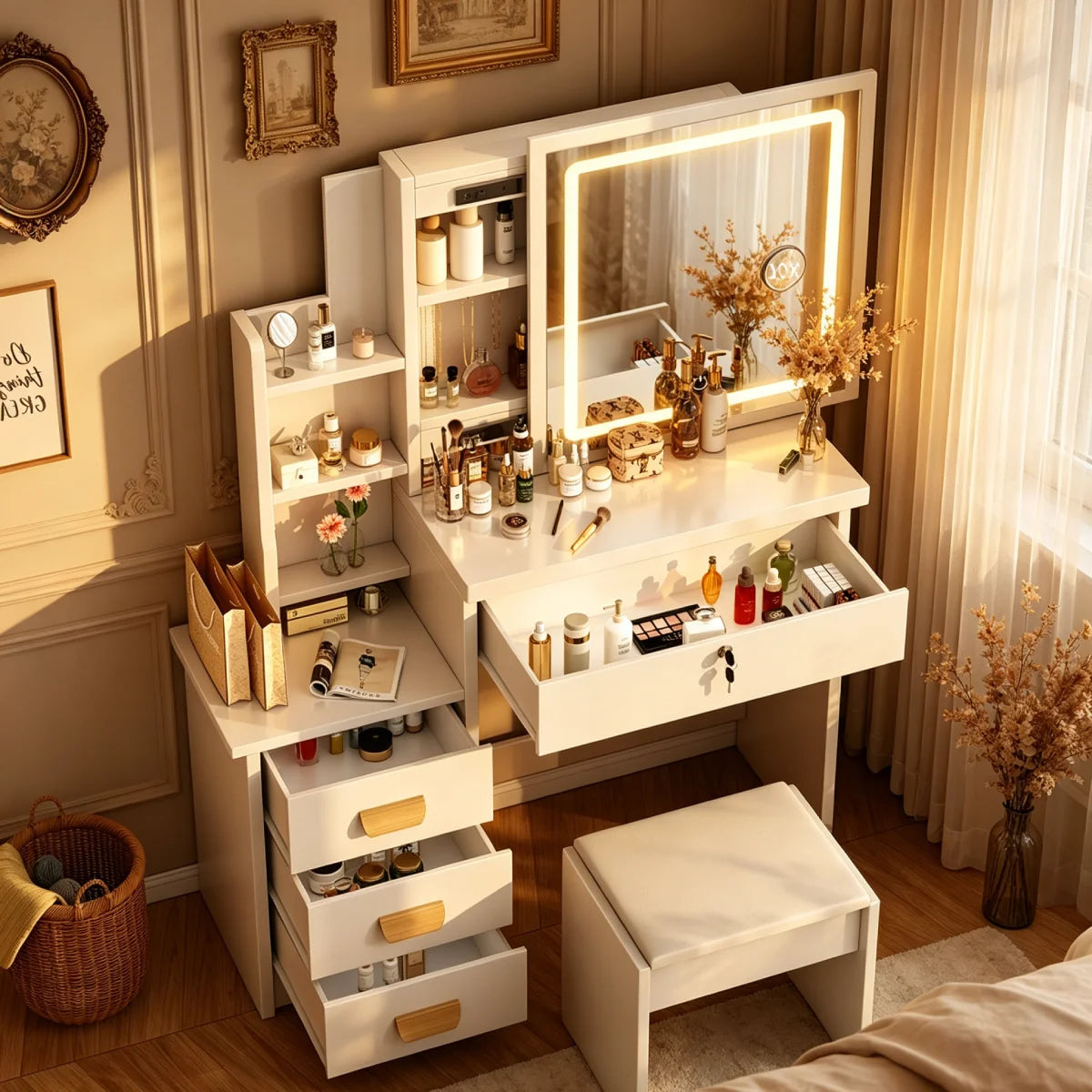 Coiffeuse Joséphine — miroir LED, 4 tiroirs et tabouret – vue 4