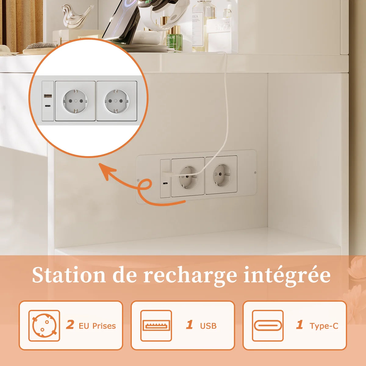 Coiffeuse Margot — compacte, miroir à ampoules, prises et tabouret – vue 5