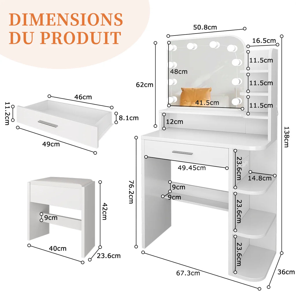 Coiffeuse Margot — compacte, miroir à ampoules, prises et tabouret – vue 6