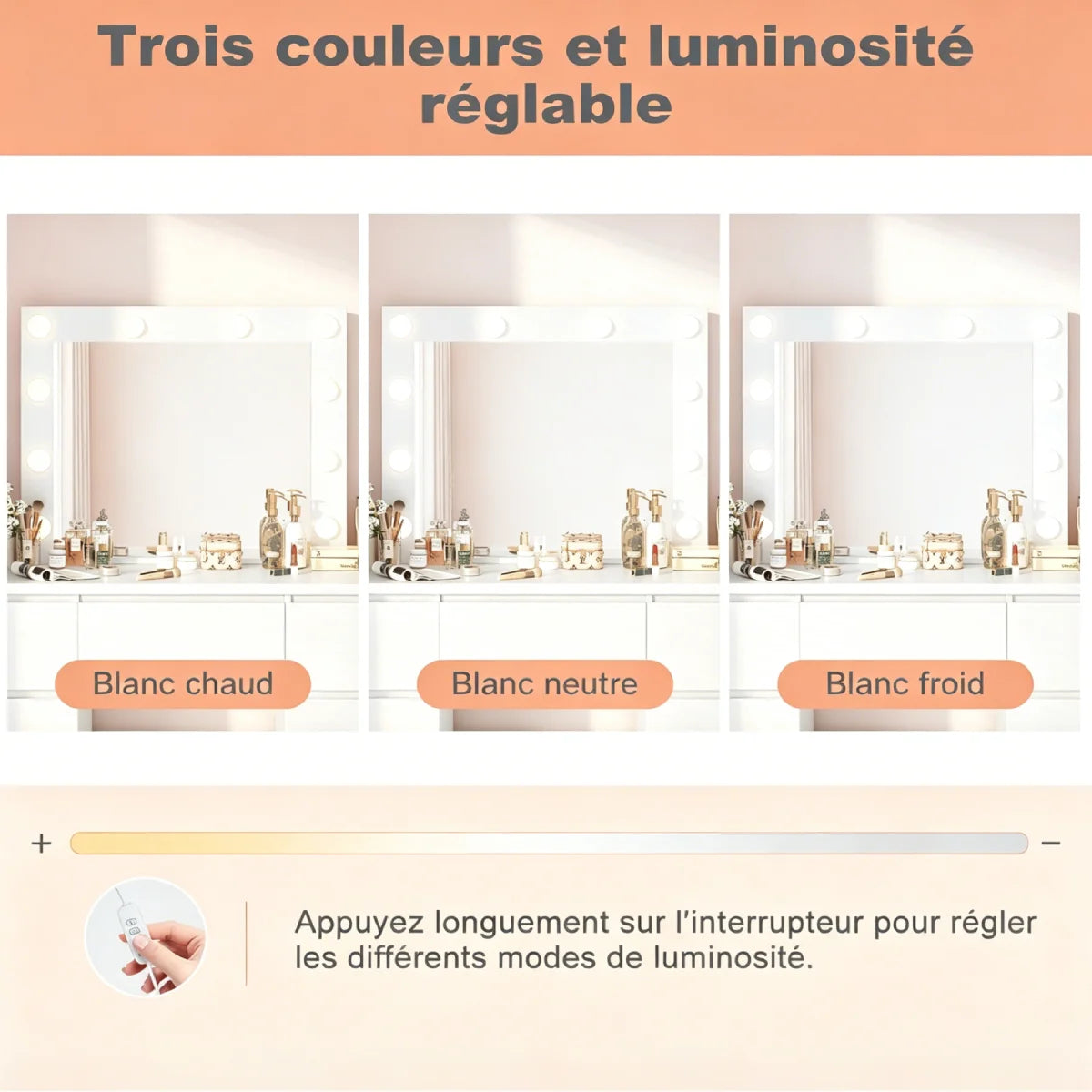 Coiffeuse Constance — 110 cm, miroir à ampoules et 7 tiroirs – vue 3