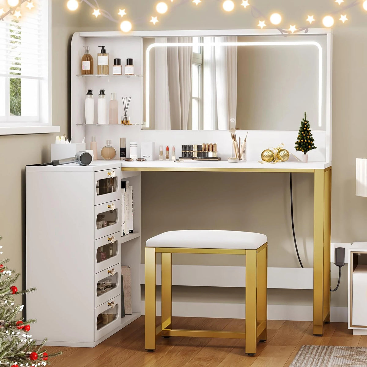 Coiffeuse Diane — coiffeuse d'angle 120 cm, blanc et doré, avec tabouret – vue 3