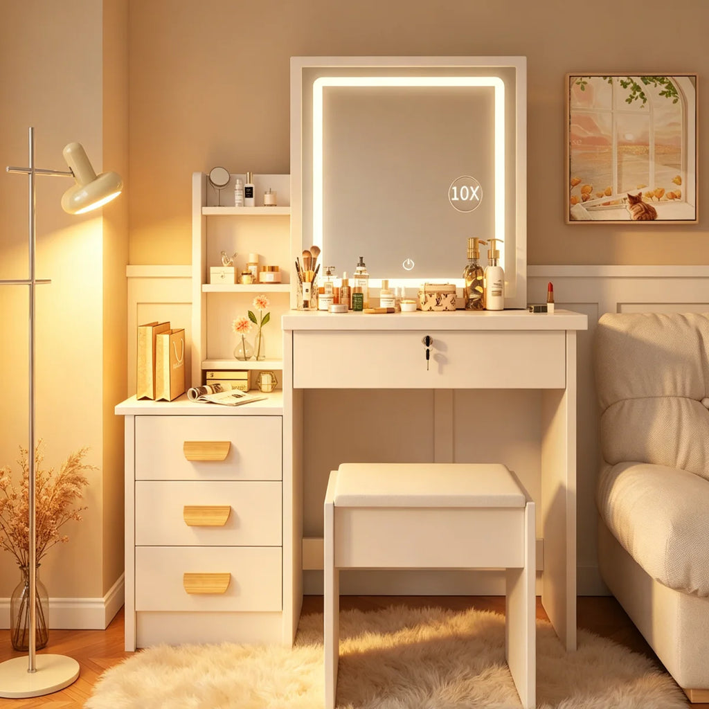 Coiffeuse Joséphine — miroir LED, 4 tiroirs et tabouret