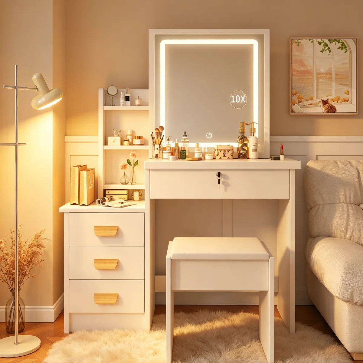 Coiffeuse Joséphine — miroir LED, 4 tiroirs et tabouret