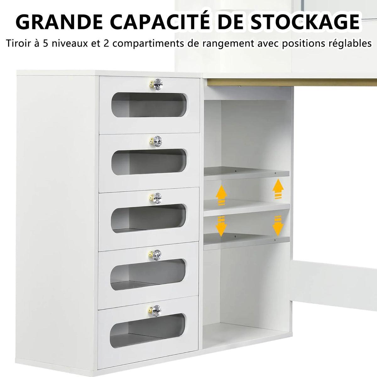 Coiffeuse Diane — coiffeuse d'angle 120 cm, blanc et doré, avec tabouret – vue 5