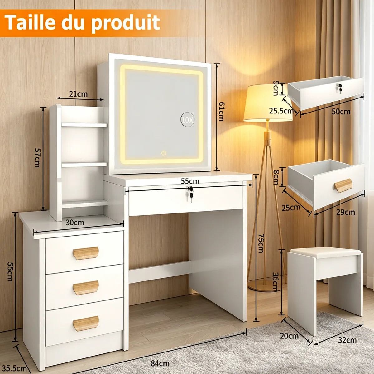 Coiffeuse Joséphine — miroir LED, 4 tiroirs et tabouret – vue 6