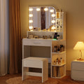 Coiffeuse Margot — compacte, miroir à ampoules, prises et tabouret
