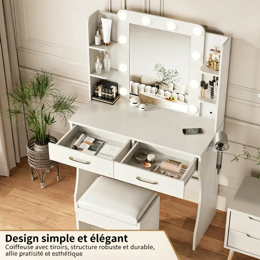 Coiffeuse Capucine — miroir à 10 ampoules, 2 tiroirs et tabouret – vue 2
