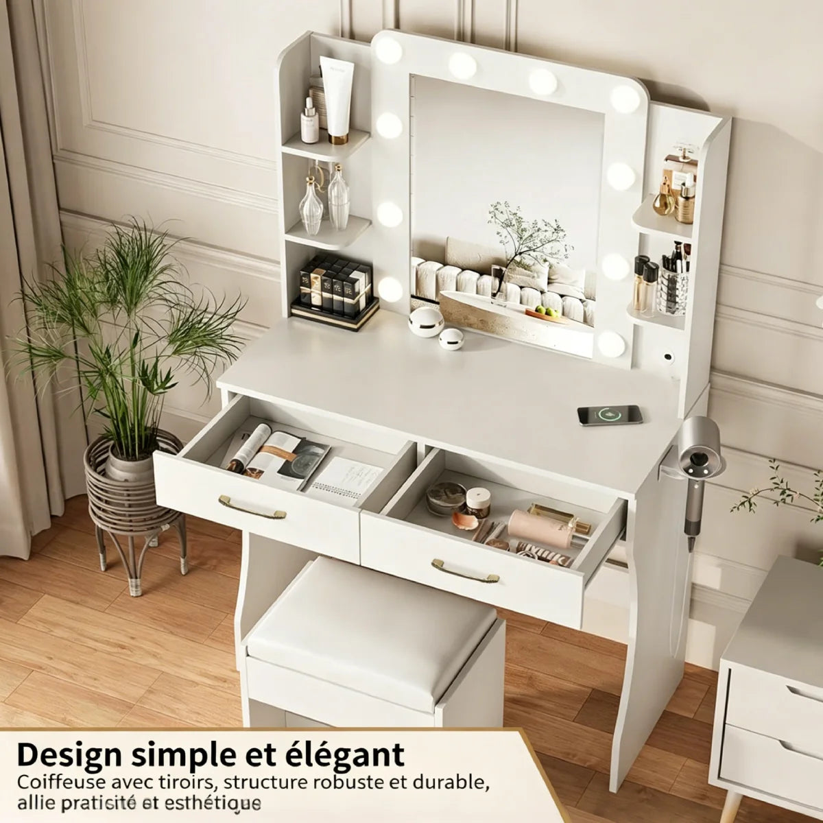 Coiffeuse Capucine — miroir à 10 ampoules, 2 tiroirs et tabouret – vue 2