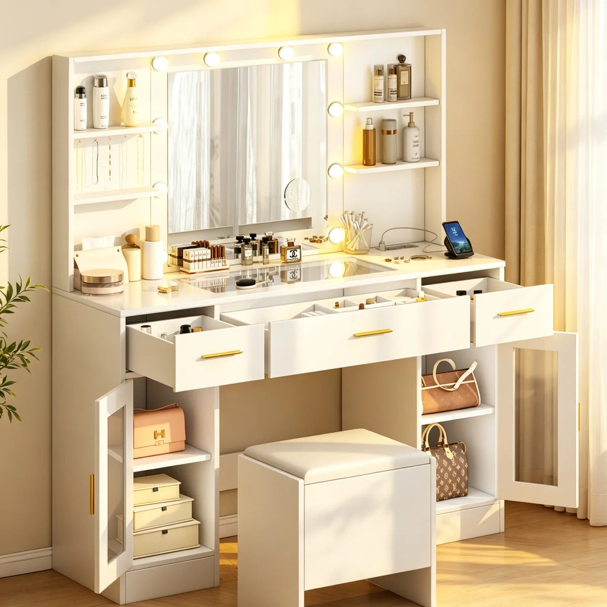 Coiffeuse Céleste — 113 cm, grand miroir lumineux, vitrines et tabouret – vue 2