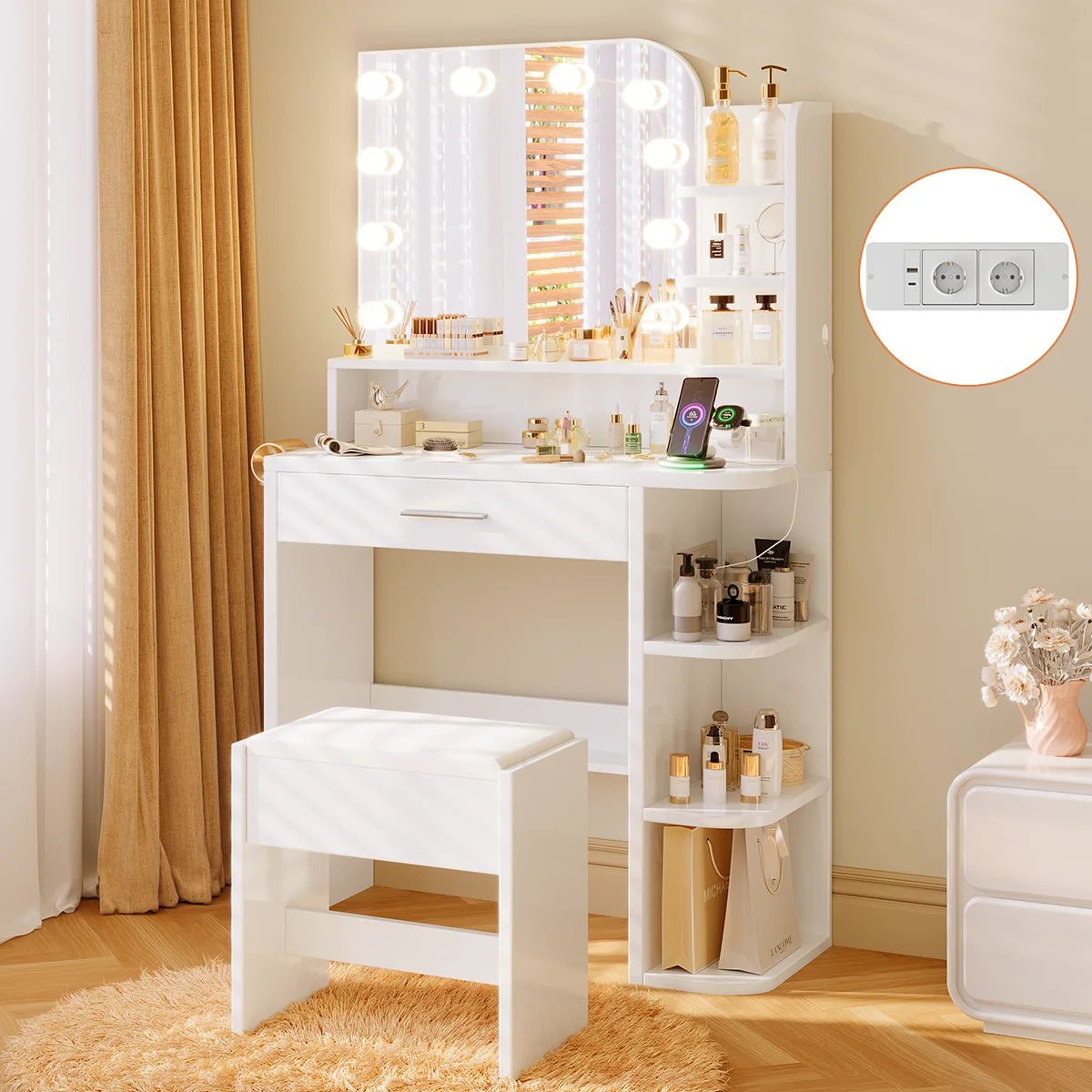 Coiffeuse Margot — compacte, miroir à ampoules, prises et tabouret – vue 2