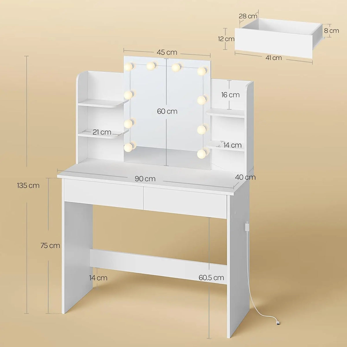 Coiffeuse Louise — 90 cm, miroir à 10 ampoules et 2 tiroirs – vue 5