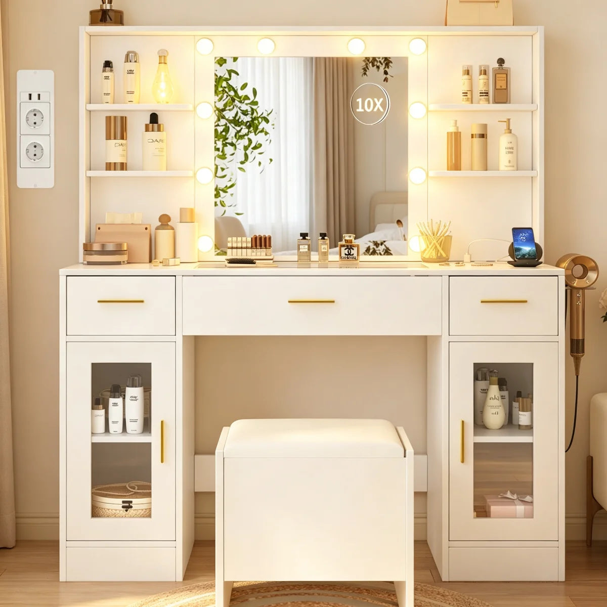 Coiffeuse Céleste — 113 cm, grand miroir lumineux, vitrines et tabouret