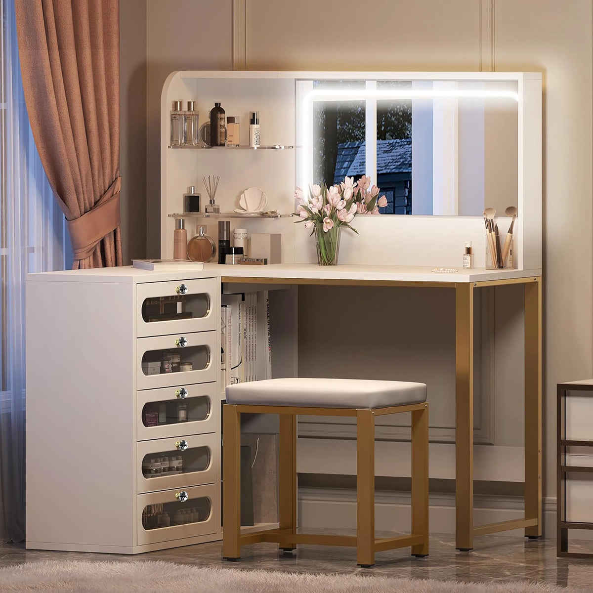 Coiffeuse Diane — coiffeuse d'angle 120 cm, blanc et doré, avec tabouret