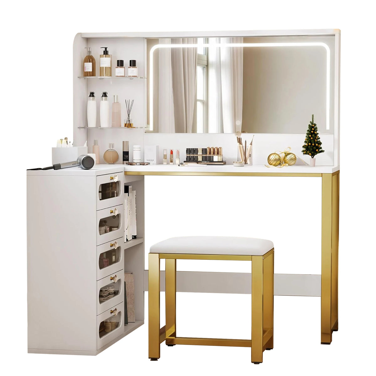 Coiffeuse Diane — coiffeuse d'angle 120 cm, blanc et doré, avec tabouret – vue 2