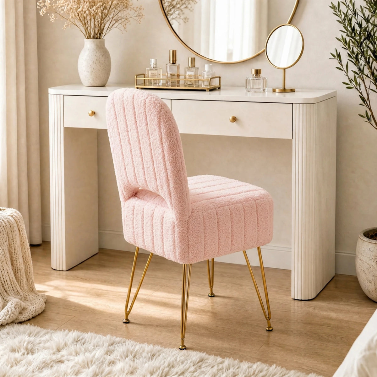 Tabouret Guimauve — peluche rose, dossier rabattable et coffre – vue 3
