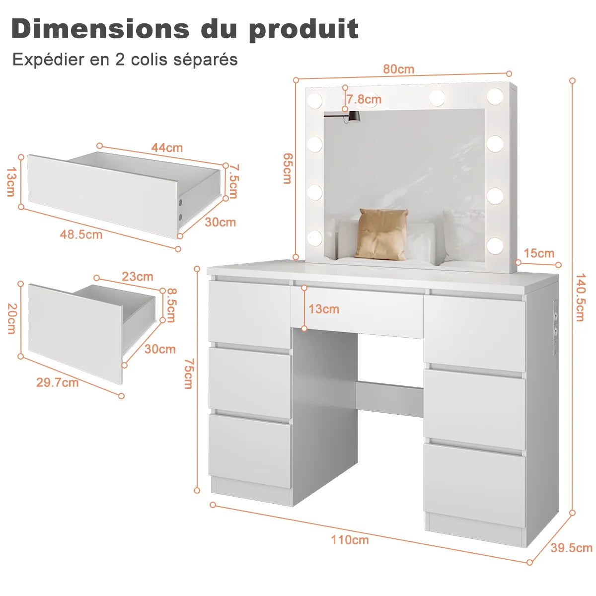 Coiffeuse Constance — 110 cm, miroir à ampoules et 7 tiroirs – vue 5