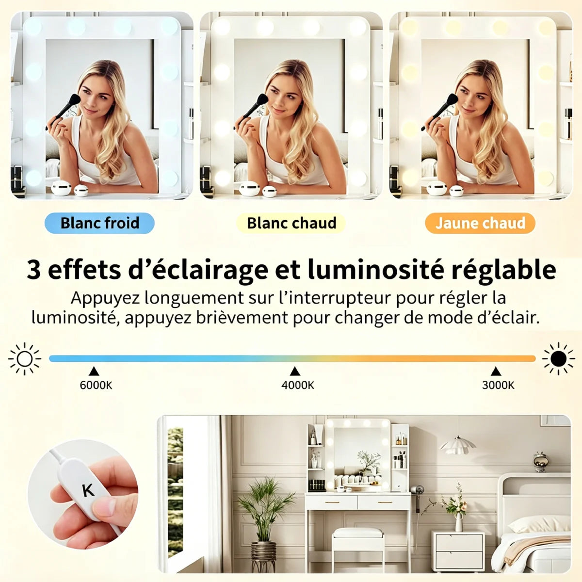 Coiffeuse Capucine — miroir à 10 ampoules, 2 tiroirs et tabouret – vue 3