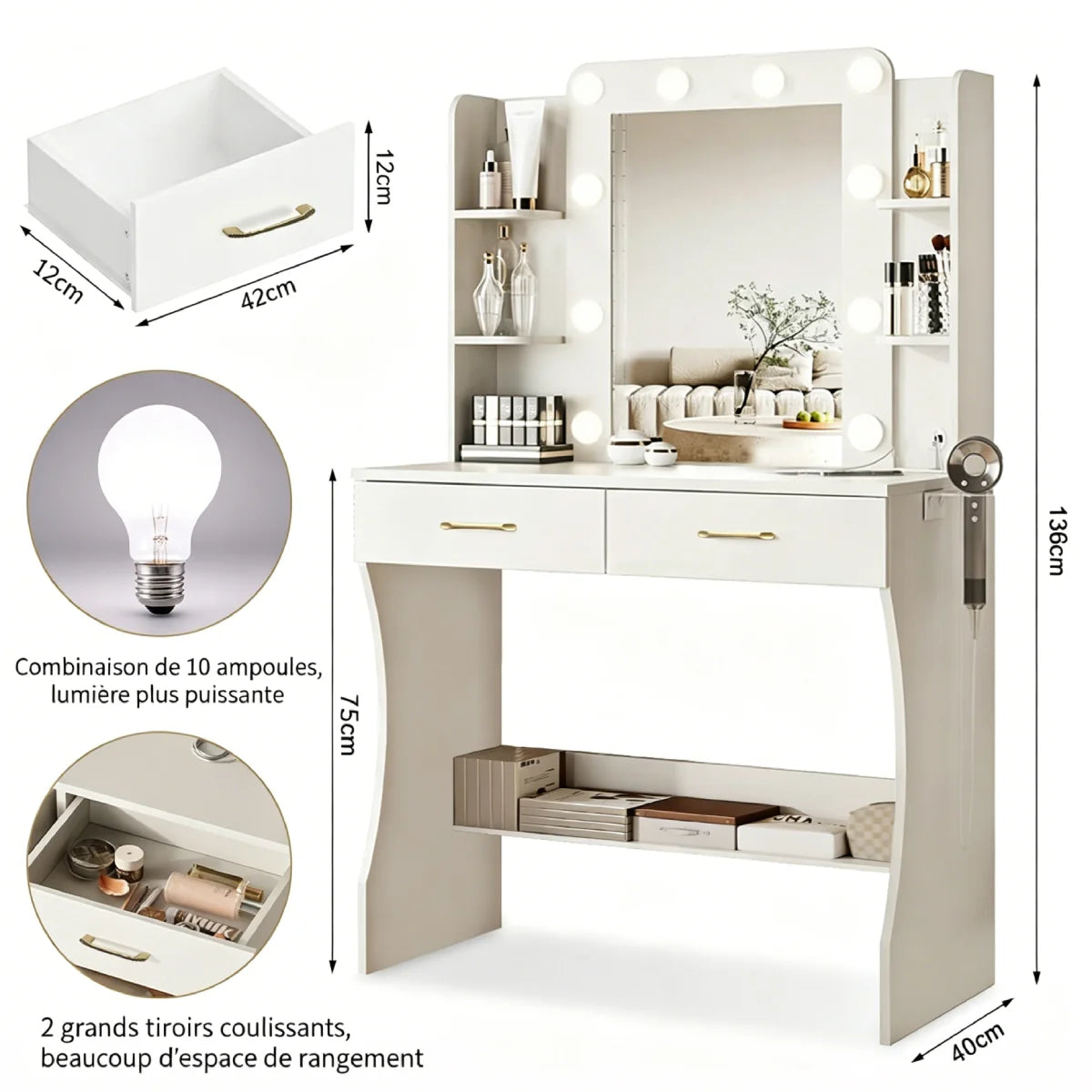 Coiffeuse Capucine — miroir à 10 ampoules, 2 tiroirs et tabouret – vue 4
