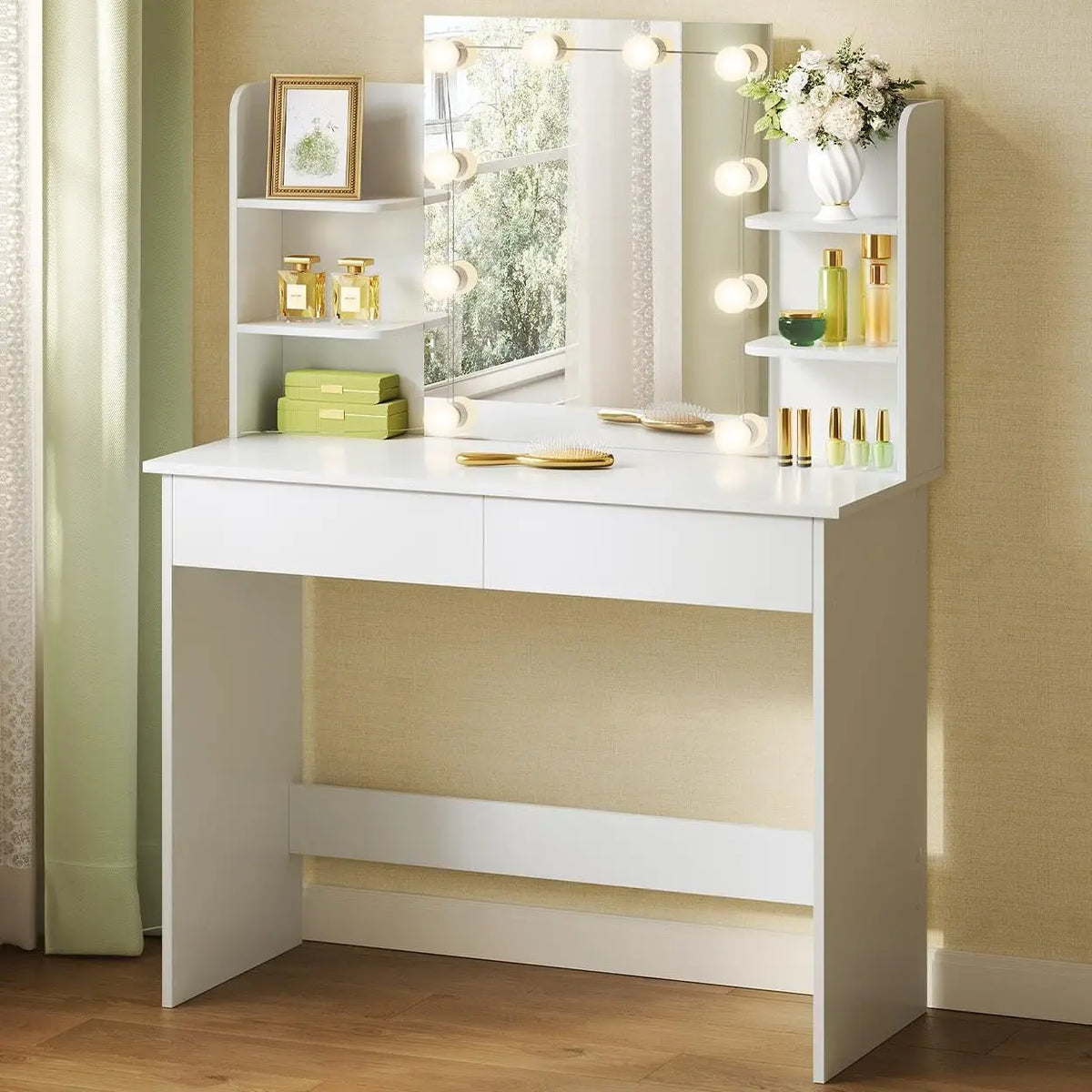 Coiffeuse Louise — 90 cm, miroir à 10 ampoules et 2 tiroirs