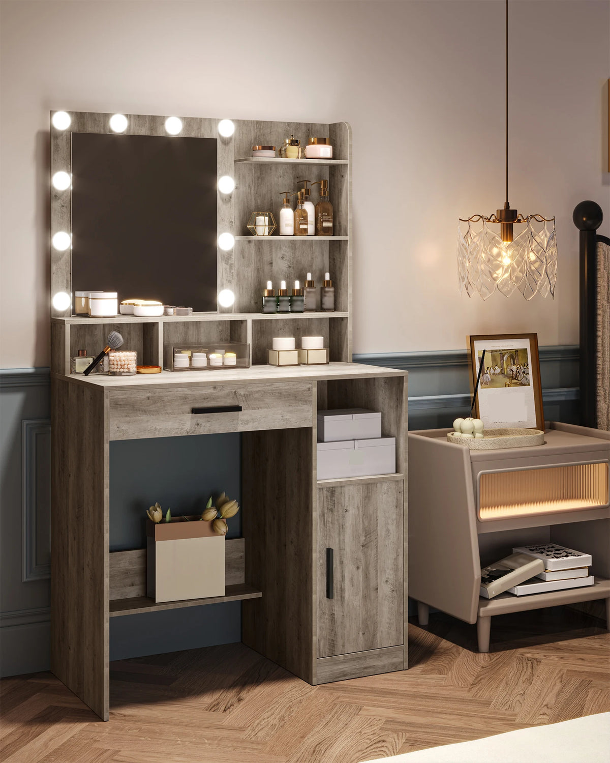 Coiffeuse Romy — miroir à 10 ampoules, tiroir et placard – vue 4