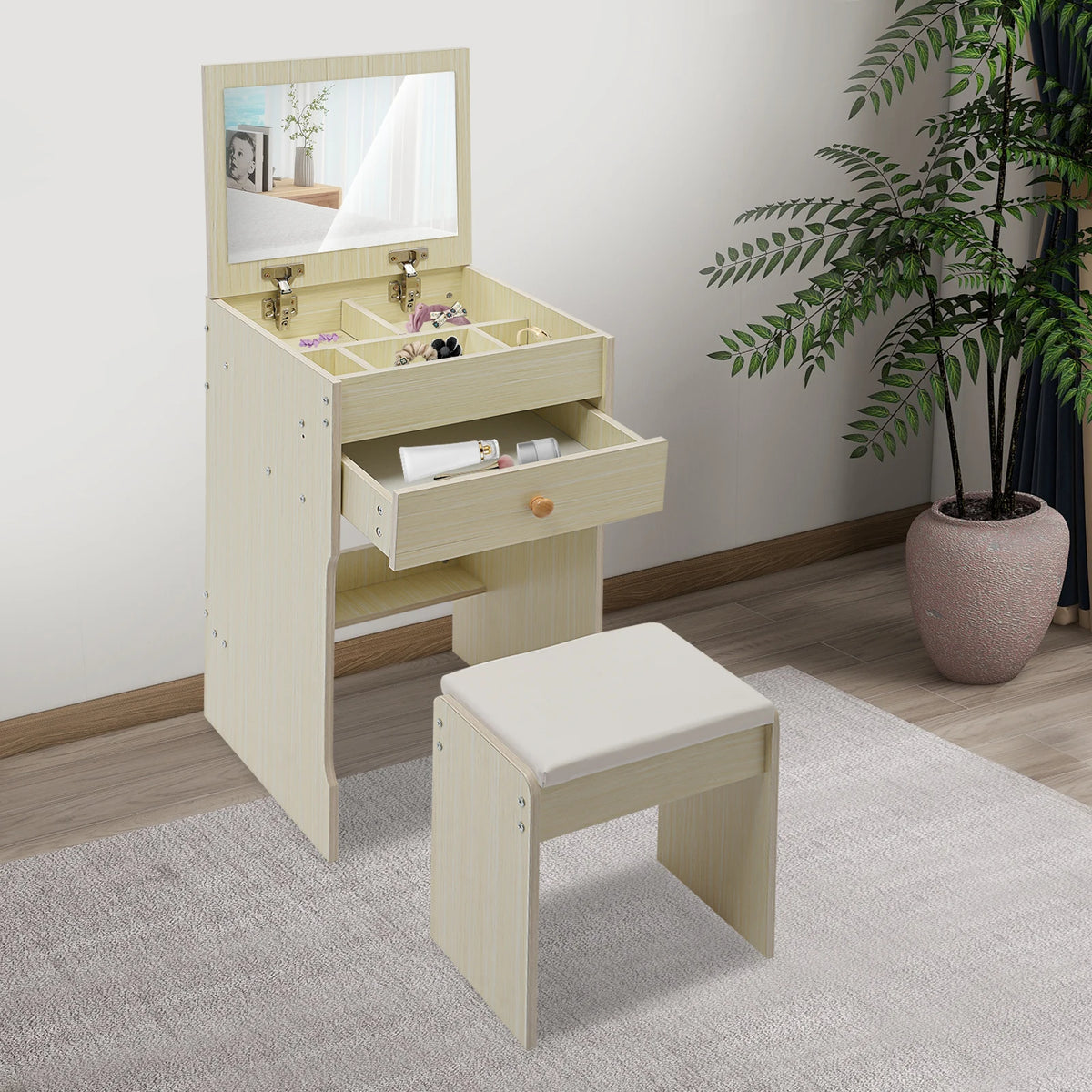 Coiffeuse Lison — 40 cm de large, miroir caché et tabouret – vue 5