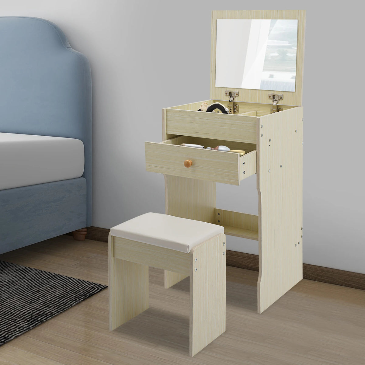 Coiffeuse Lison — 40 cm de large, miroir caché et tabouret – vue 6