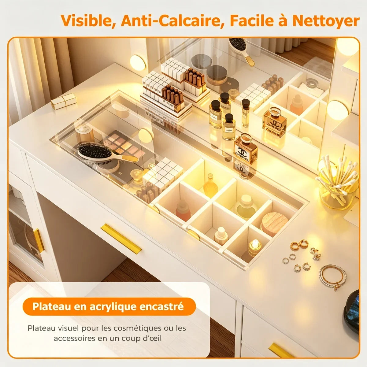 Coiffeuse Céleste — 113 cm, grand miroir lumineux, vitrines et tabouret – vue 4