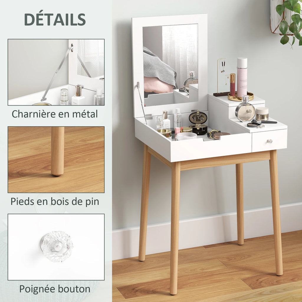 Coiffeuse Alma — bureau 2 en 1, miroir rabattable, pieds en pin – vue 6