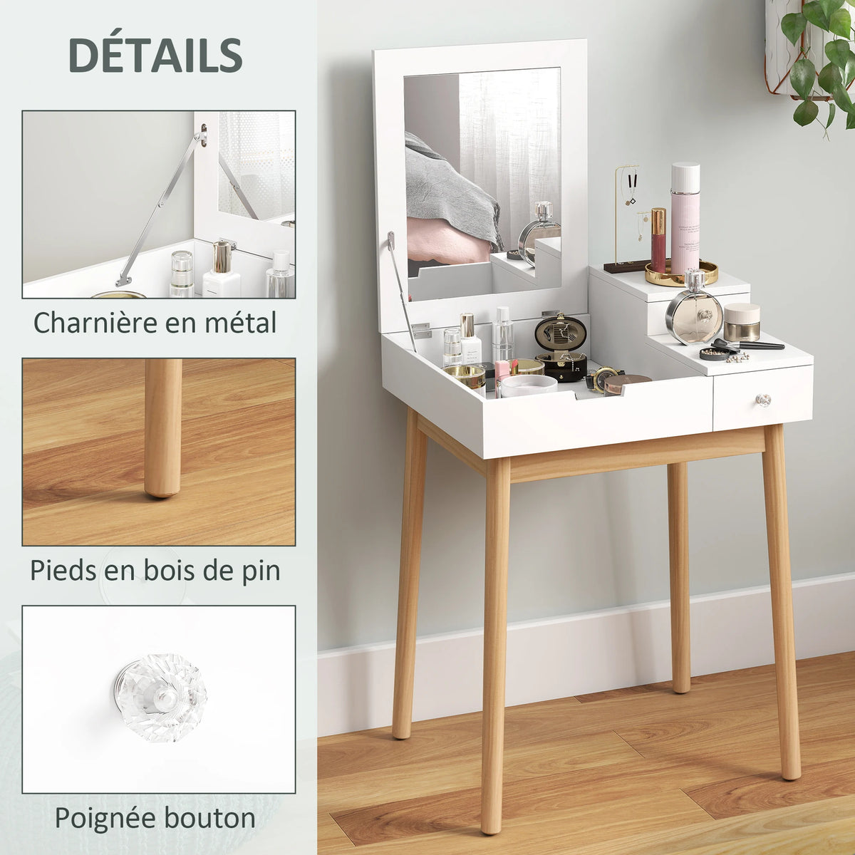 Coiffeuse Alma — bureau 2 en 1, miroir rabattable, pieds en pin – vue 6