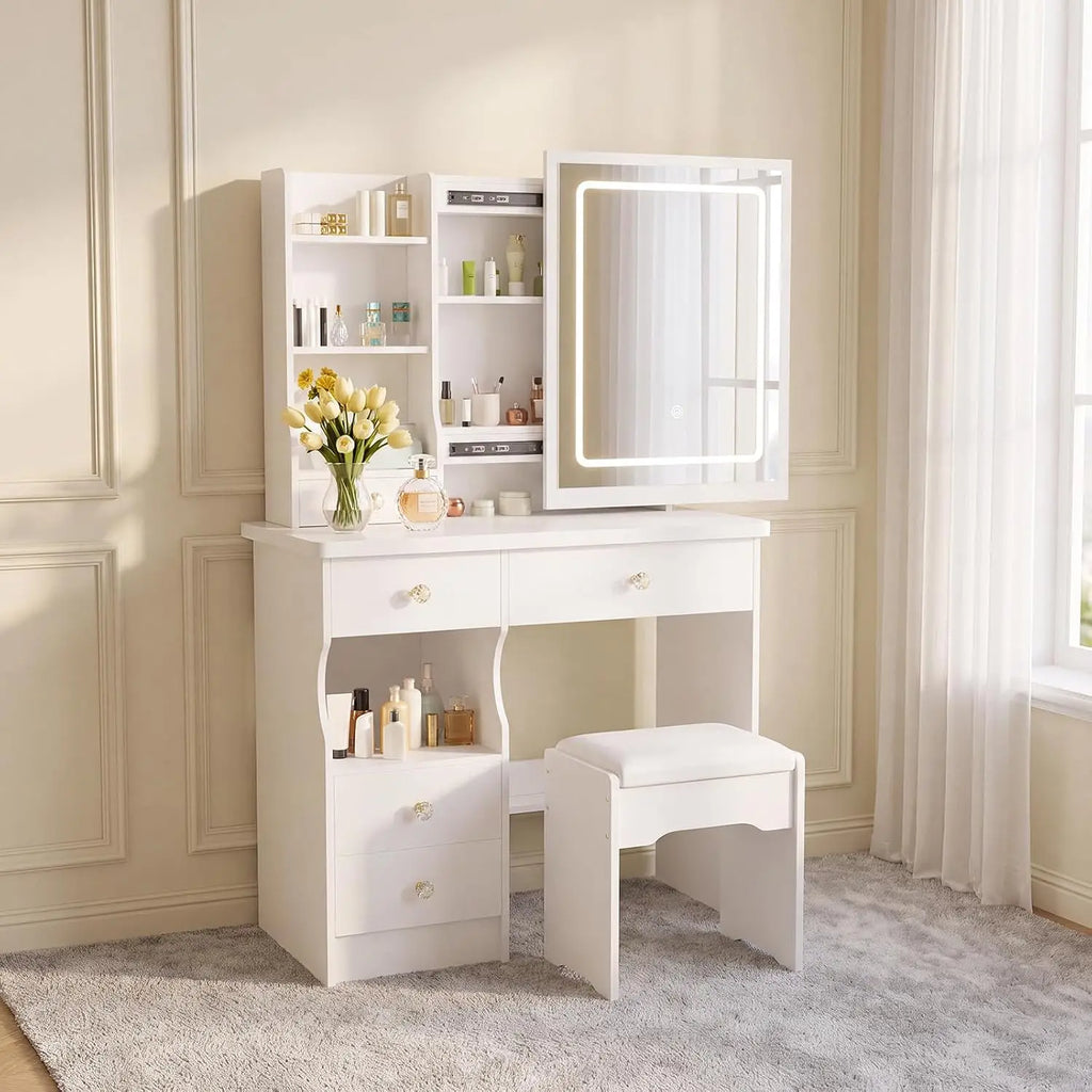Coiffeuse Apolline — miroir LED coulissant, 5 tiroirs et tabouret – vue 2