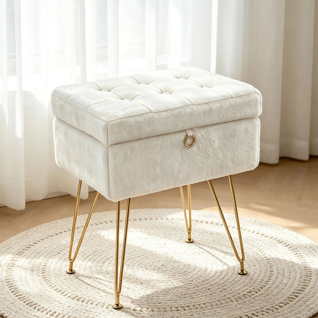 Tabouret Nuage — fausse fourrure, coffre de rangement et pieds dorés – vue 3