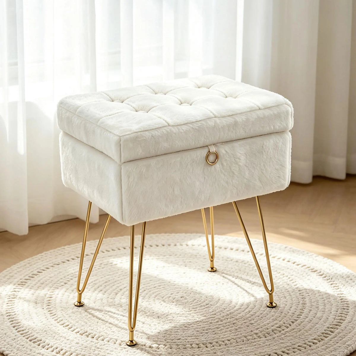 Tabouret Nuage — fausse fourrure, coffre de rangement et pieds dorés – vue 3