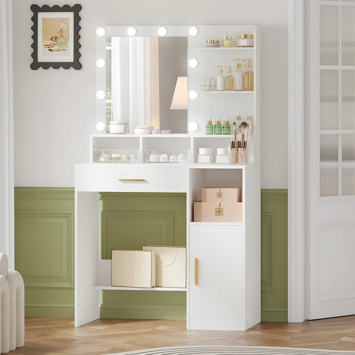 Coiffeuse Romy — miroir à 10 ampoules, tiroir et placard – vue 2