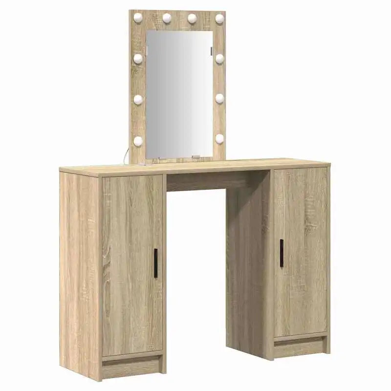 Coiffeuse Garance — décor chêne, miroir à ampoules et 2 placards – vue 2