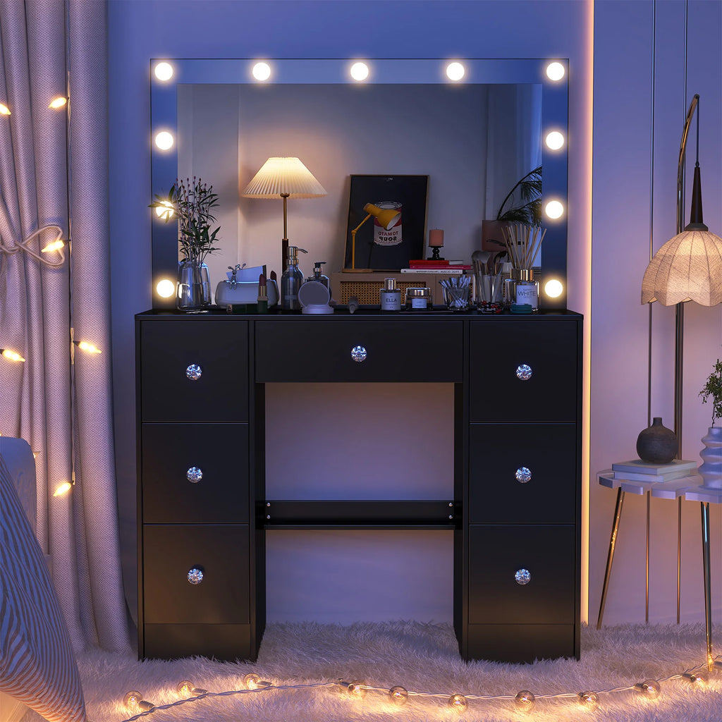 Coiffeuse Ava — noire, miroir à 11 ampoules et 7 tiroirs – vue 4