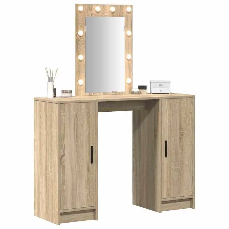 Coiffeuse Garance — décor chêne, miroir à ampoules et 2 placards – vue 4
