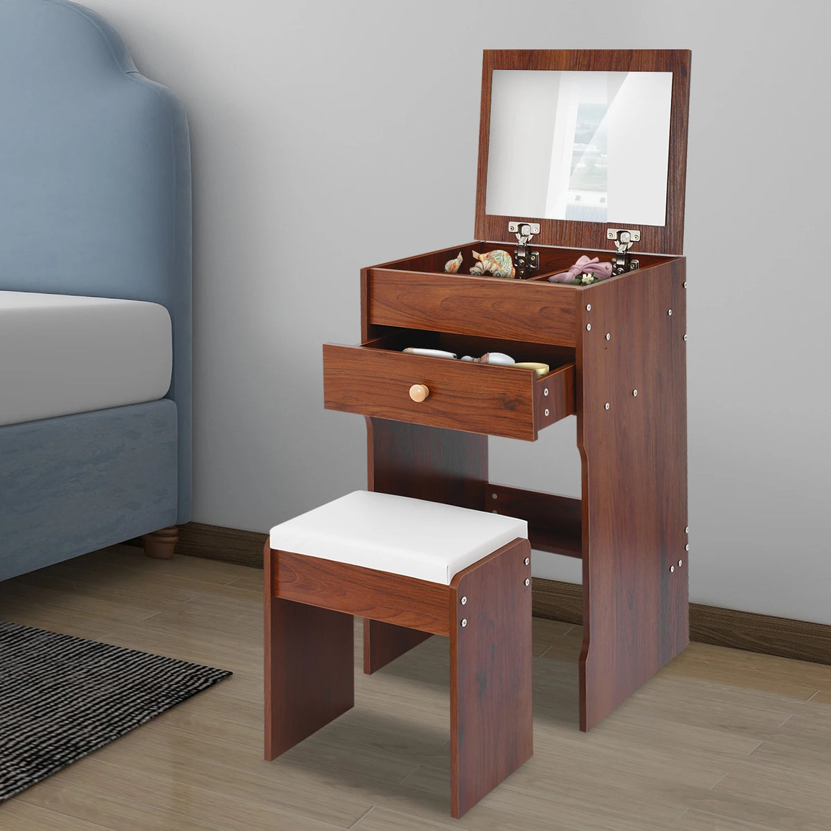 Coiffeuse Lison — 40 cm de large, miroir caché et tabouret – vue 9