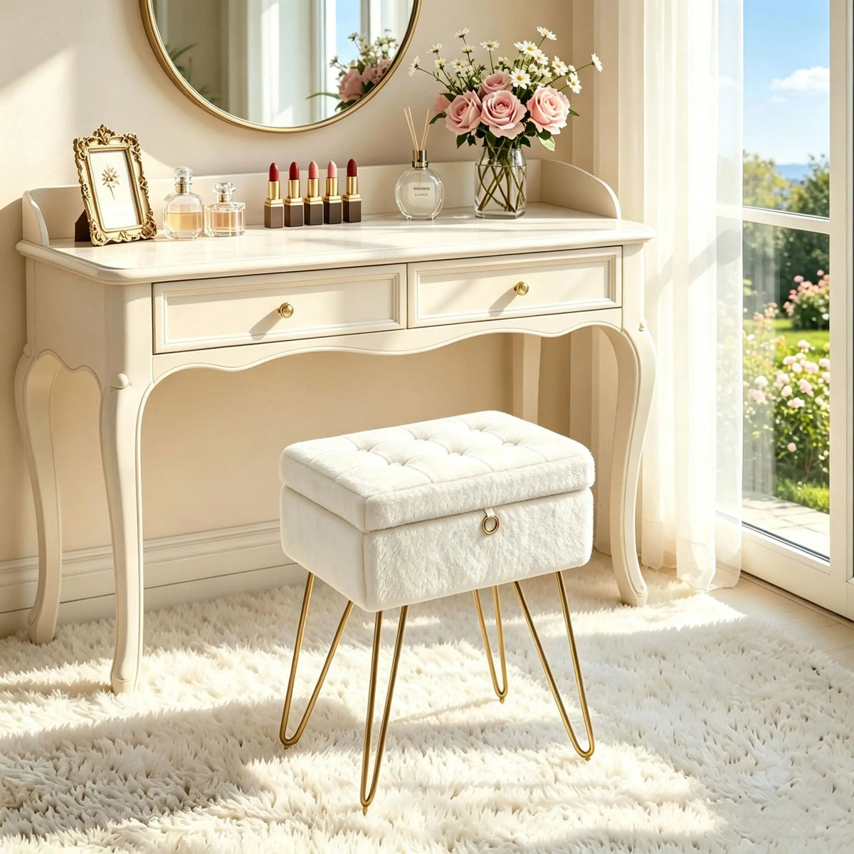 Tabouret Nuage — fausse fourrure, coffre de rangement et pieds dorés