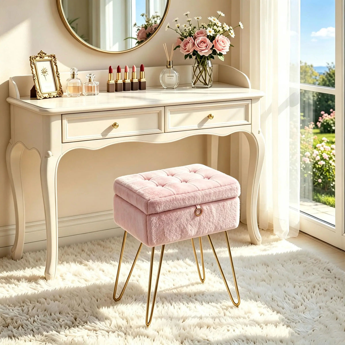 Tabouret Nuage — fausse fourrure, coffre de rangement et pieds dorés – vue 5