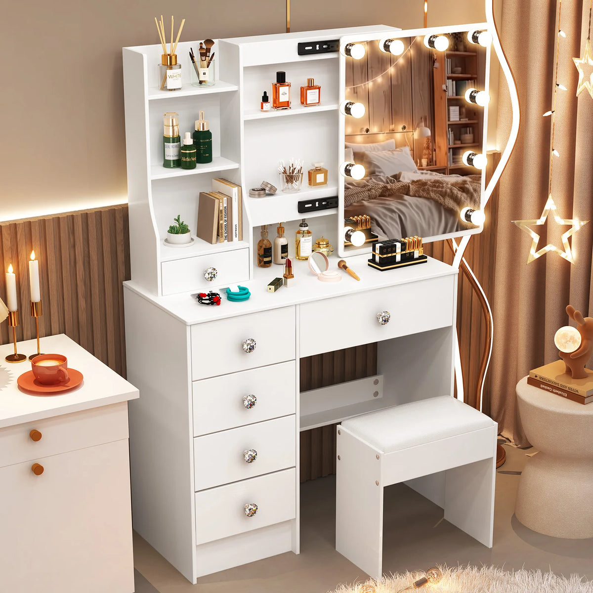 Coiffeuse Victoire — miroir coulissant à 10 ampoules, 6 tiroirs et tabouret