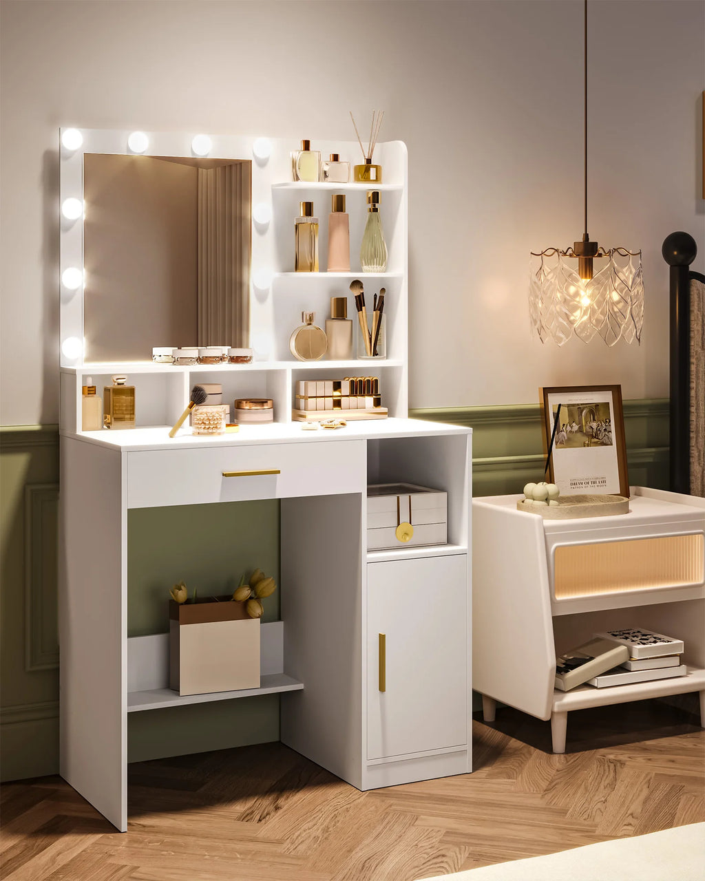 Coiffeuse Romy — miroir à 10 ampoules, tiroir et placard