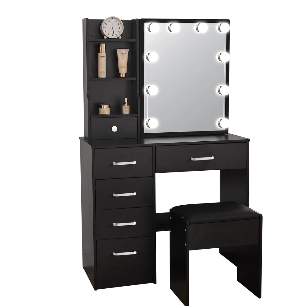 Coiffeuse Victoire noire — miroir coulissant à 10 ampoules, 6 tiroirs et tabouret – vue 8