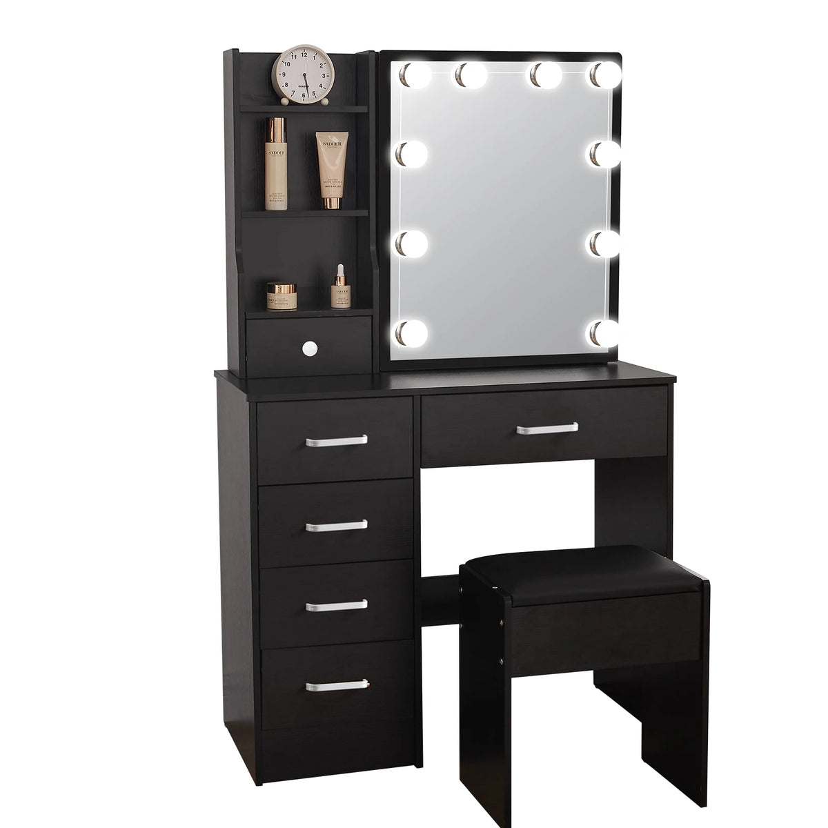 Coiffeuse Victoire noire — miroir coulissant à 10 ampoules, 6 tiroirs et tabouret – vue 8