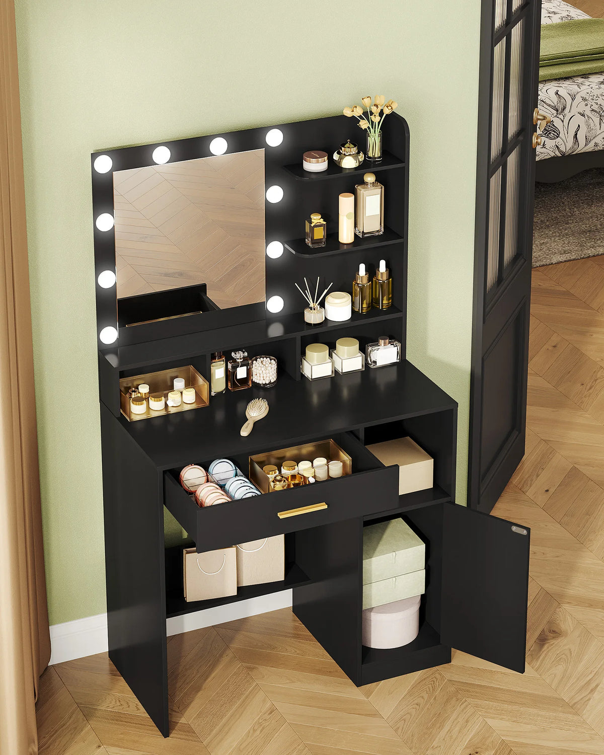 Coiffeuse Romy — miroir à 10 ampoules, tiroir et placard – vue 7